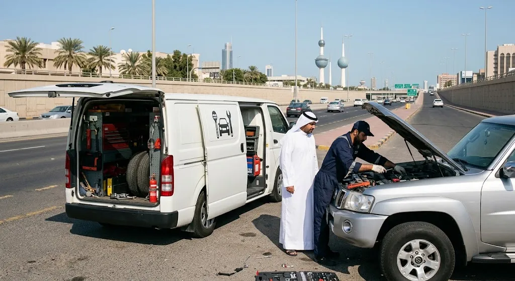 فني محترف يقوم بأعمال فحص وصيانة السيارات بدقة وأمان باستخدام أحدث المعدات وأدوات التشخيص المتقدمة ضمن خدمات ورشة متنقلة لإصلاح جميع السيارات لضمان سرعة الإنجاز وراحة العملاء أينما كانوا.