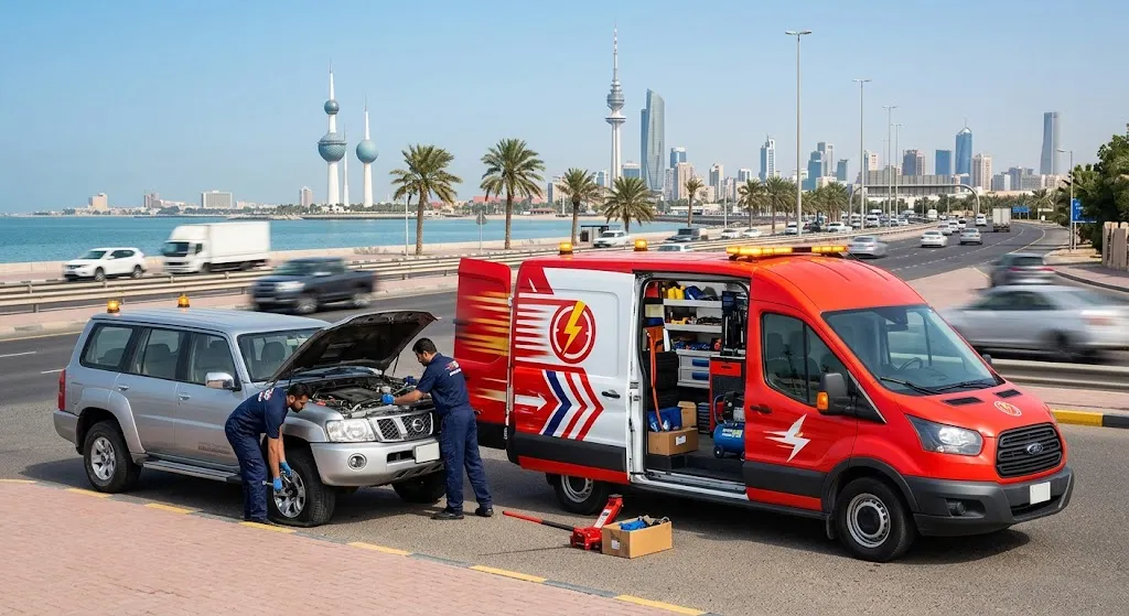 فني محترف يقوم بأعمال فحص وتصليح إطارات وبطاريات السيارات بدقة وأمان باستخدام أحدث المعدات ضمن خدمات بنشر متنقل السالميه بالكويت لضمان سرعة الإنجاز وتقديم المساعدة على الطريق لراحة العملاء.