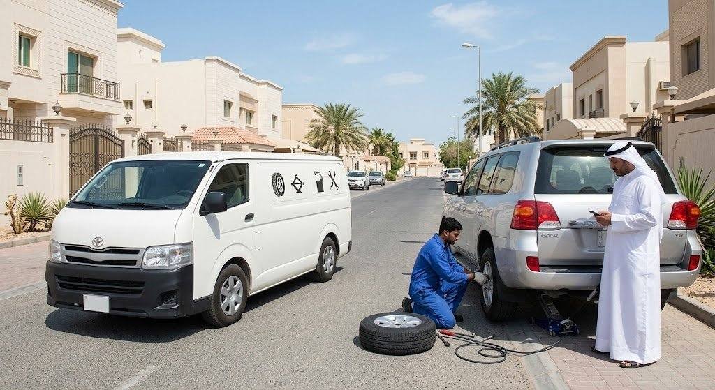 فني محترف يقوم بأعمال فحص وإصلاح وتبديل إطارات السيارات بدقة وسرعة باستخدام أحدث المعدات داخل ورشة متنقلة مجهزة ضمن خدمات بنشر متنقل الفيحاء بالكويت لضمان سلامة المركبة وراحة العملاء.